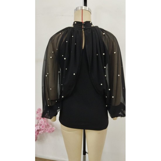 Kadın Balıkçı Yaka Incili Pelerin Ithal Krep Bluz , 30832