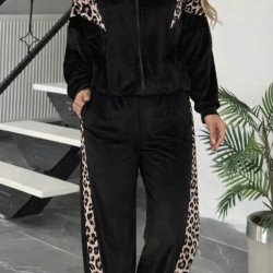 Kadın Uzun Kollu önden Fermuarlı Leopar Detaylı Kadife Bluz Ve Pantolon Ikili Takım , 30831 Kadın Uzun Kollu önden Fermuarlı Leopar Detaylı Kadife Bluz Ve Pantolon Ikili Takım , 30831