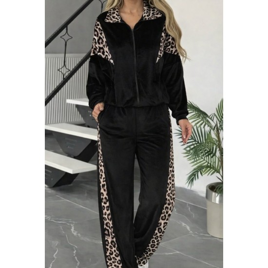 Kadın Uzun Kollu önden Fermuarlı Leopar Detaylı Kadife Bluz Ve Pantolon Ikili Takım , 30831