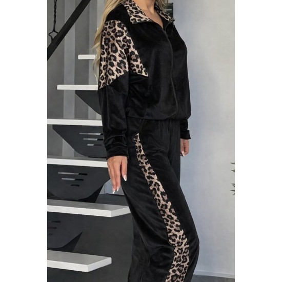 Kadın Uzun Kollu önden Fermuarlı Leopar Detaylı Kadife Bluz Ve Pantolon Ikili Takım , 30831