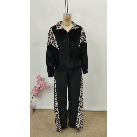 Kadın Uzun Kollu önden Fermuarlı Leopar Detaylı Kadife Bluz Ve Pantolon Ikili Takım , 30831