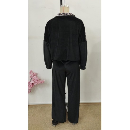 Kadın Uzun Kollu önden Fermuarlı Leopar Detaylı Kadife Bluz Ve Pantolon Ikili Takım , 30831