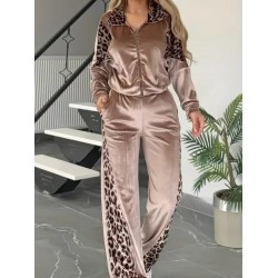 Kadın Uzun Kollu önden Fermuarlı Leopar Detaylı Kadife Bal Köpüğü Bluz Ve Pantolon Ikili Takım , 30830