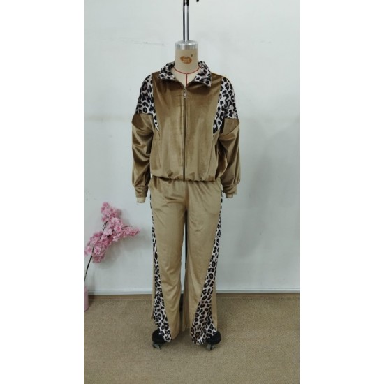 Kadın Uzun Kollu önden Fermuarlı Leopar Detaylı Kadife Bal Köpüğü Bluz Ve Pantolon Ikili Takım , 30830