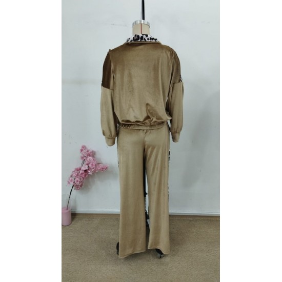 Kadın Uzun Kollu önden Fermuarlı Leopar Detaylı Kadife Bal Köpüğü Bluz Ve Pantolon Ikili Takım , 30830