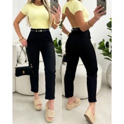 Kadın Yüksek Bel Kemersiz Ithal Krep Pantolon , 30868