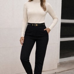 Kadın Yüksek Bel Kemersiz Ithal Krep Pantolon , 30868