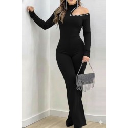 Kadın Tek Omuzdan Açık Balıkçı Yaka Taş Detaylı Uzun Ithal Krep Tulum , 30867