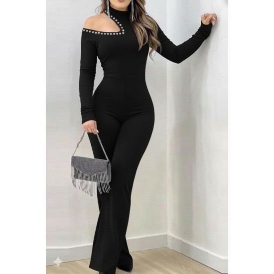 Kadın Tek Omuzdan Açık Balıkçı Yaka Taş Detaylı Uzun Ithal Krep Tulum , 30867