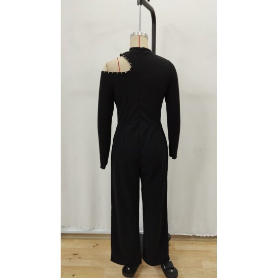 Kadın Tek Omuzdan Açık Balıkçı Yaka Taş Detaylı Uzun Ithal Krep Tulum , 30867