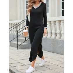 Kadın Uzun Kollu V Yakalı Yanlardan Yırtmaçlı Uzun Viskon Iki Iplik Elbise, 30866