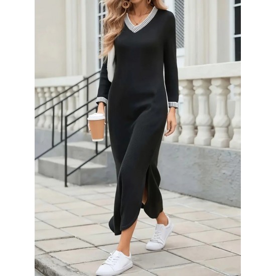 Kadın Uzun Kollu V Yakalı Yanlardan Yırtmaçlı Uzun Viskon Iki Iplik Elbise, 30866 Kadın Uzun Kollu V Yakalı Yanlardan Yırtmaçlı Uzun Viskon Iki Iplik Elbise, 30866