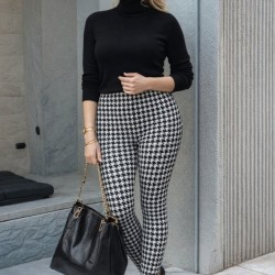 Kadın Yüksek Bel Kaz Ayağı Desenli Yanları şeritli Dalgıç Pantolon , 30864