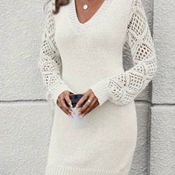 Kadın Uzun Kollu V Yakalı Mini Triko Elbise, 30863