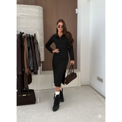 Kadın Uzun Kollu Yakalı Yandan Yırtmaçlı Midi Modal Elbise , 30858