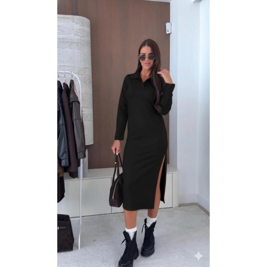 Kadın Uzun Kollu Yakalı Yandan Yırtmaçlı Midi Modal Elbise , 30858