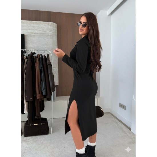 Kadın Uzun Kollu Yakalı Yandan Yırtmaçlı Midi Modal Elbise , 30858