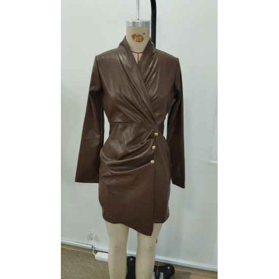 Kadın Uzun Kollu Kruvaze Yakalı önden Büzgü Ve Düğmeli Asimetrik Kesim Detaylı Mini Deri Elbise , 30857