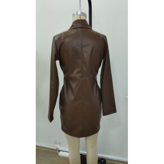 Kadın Uzun Kollu Kruvaze Yakalı önden Büzgü Ve Düğmeli Asimetrik Kesim Detaylı Mini Deri Elbise , 30857