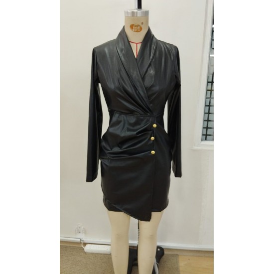 Kadın Uzun Kollu Kruvaze Yakalı önden Büzgü Ve Düğmeli Asimetrik Kesim Detaylı Mini Deri Elbise , 30856