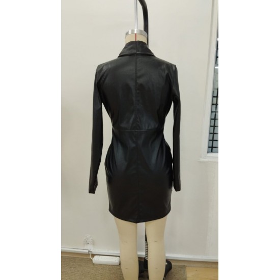 Kadın Uzun Kollu Kruvaze Yakalı önden Büzgü Ve Düğmeli Asimetrik Kesim Detaylı Mini Deri Elbise , 30856