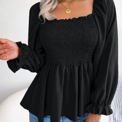 Kadın Uzun Kollu Geometrik Yakalı Gipe Detaylı Krep Bluz , 30853