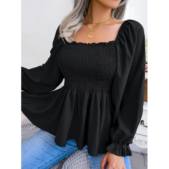 Kadın Uzun Kollu Geometrik Yakalı Gipe Detaylı Krep Bluz , 30853