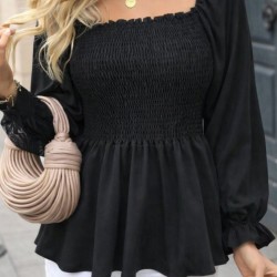 Kadın Uzun Kollu Geometrik Yakalı Gipe Detaylı Krep Bluz , 30853