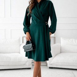 Kadın Uzun Kollu Hakim V Yakalı Yandan Toka Detaylı Ithal Mini Krep Elbise , 30852