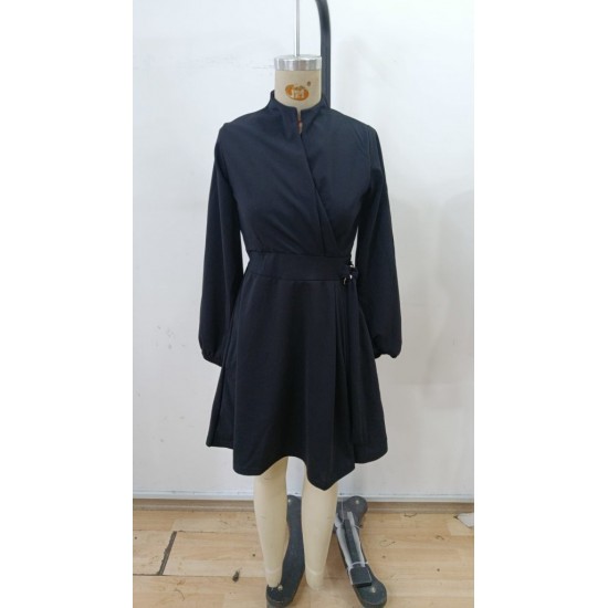 Kadın Uzun Kollu Hakim V Yakalı Yandan Toka Detaylı Ithal Mini Krep Elbise , 30851