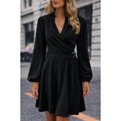 Kadın Uzun Kollu Hakim V Yakalı Yandan Toka Detaylı Ithal Mini Krep Elbise , 30851