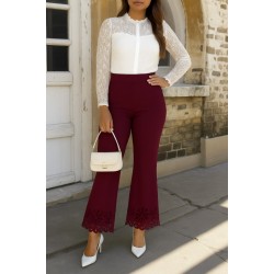 Kadın Yüksek Bel Paçaya Doğru Genişleyen Lazer çiçek Kesim Detaylı Ithal Krep Pantolon , 30848