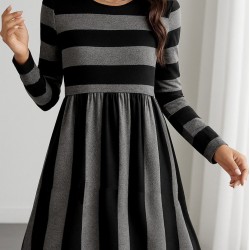 Kadın Uzun Kollu Bisiklet Yaka çizgili Desen Detaylı Süprem Mini Elbise , 30846