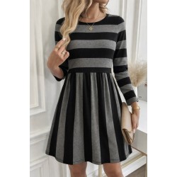 Kadın Uzun Kollu Bisiklet Yaka çizgili Desen Detaylı Süprem Mini Elbise , 30846