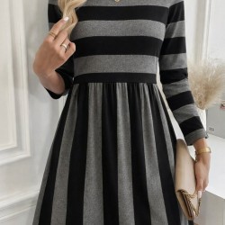 Kadın Uzun Kollu Bisiklet Yaka çizgili Desen Detaylı Süprem Mini Elbise , 30846