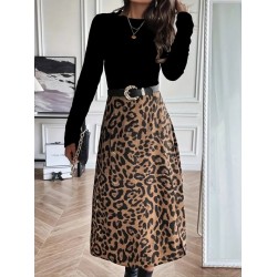 Kadın Uzun Kollu Bisiklet Yaka Ithal Krep Bluz Alt Desenli Modal Midi Elbise, 30845