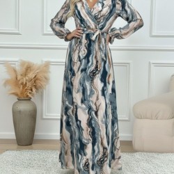 Kadın Uzun Kollu Kruvaze Yakalı Beli Kuşaklı Desenli Süprem Maxi Elbise , 30842