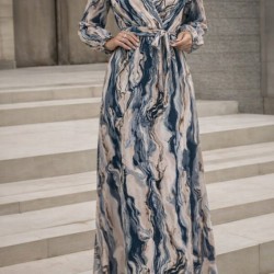 Kadın Uzun Kollu Kruvaze Yakalı Beli Kuşaklı Desenli Süprem Maxi Elbise , 30842