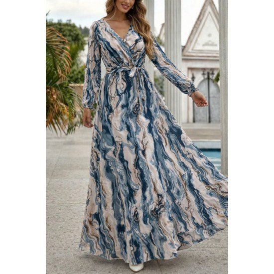 Kadın Uzun Kollu Kruvaze Yakalı Beli Kuşaklı Desenli Süprem Maxi Elbise , 30842