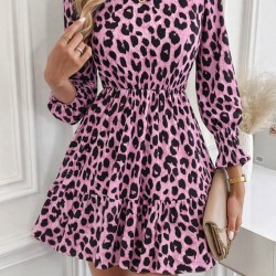 Kadın Uzun Kollu Yarı Balıkçı Yaka Leopar Desenli Modal Mini Elbise , 30841