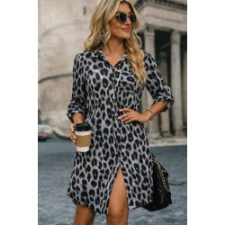 Kadın Uzun Kollu Yakalı önden Düğmeli Leopar Desenli Modal Midi Elbise , 30838