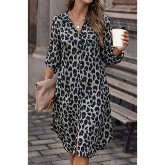 Kadın Uzun Kollu Yakalı önden Düğmeli Leopar Desenli Modal Midi Elbise , 30838