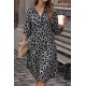 Kadın Uzun Kollu Yakalı önden Düğmeli Leopar Desenli Modal Midi Elbise , 30838