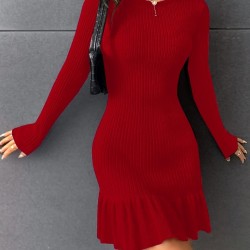 Kadın Bisiklet Yaka Uzun Kol Etek Ucu Fırfırlı Triko (polyenit) Mini Boy Elbise, 30837