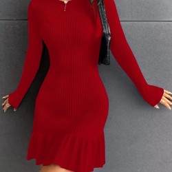 Kadın Bisiklet Yaka Uzun Kol Etek Ucu Fırfırlı Triko (polyenit) Mini Boy Elbise, 30837