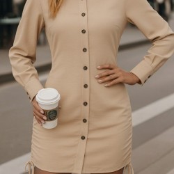 Kadın Uzun Kollu Gömlek Yaka önden Düğmeli Yanlardan Büzgülü Kısa Aerobin Elbise , 30835