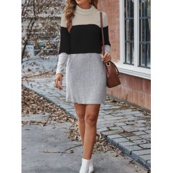 Kadın Uzun Kollu Balıkçı Yaka çizgili çok Renkli Mini şardonlu Kaşkorsel Elbise , 30834