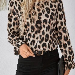 Kadın Uzun Kollu Arkadan Fiyonk Detaylı Leopar Desenli Süprem Bluz, 30880