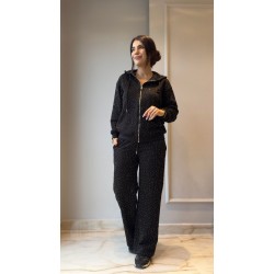 Kadın Uzun Kollu Kapşonlu Fermuarlı Taşlı önü Fermuarlı Viskon Iki Iplik Bluz Ve Eşofman Altı Ikili Takım , 30870