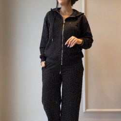 Kadın Uzun Kollu Kapşonlu Fermuarlı Taşlı önü Fermuarlı Viskon Iki Iplik Bluz Ve Eşofman Altı Ikili Takım , 30870